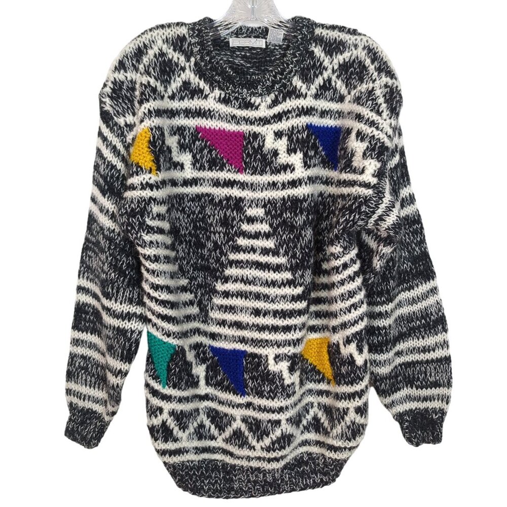 Permit Vintage Mens Sweater Sz M Geometric Black‎ White Acrylic Triangle Pattern